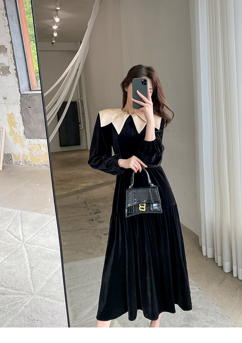 オケージョン ドレス 配色ビッグカラー付きベロアティアードロングドレス