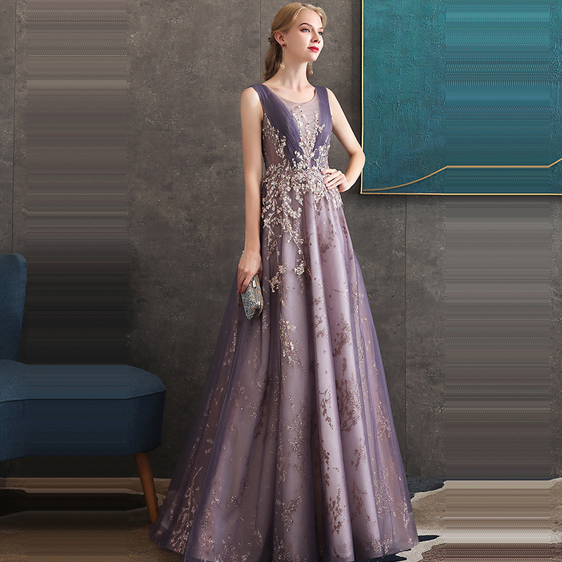 オケージョン ドレス 煌めく花刺繍チュール袖なしロング丈ドレス