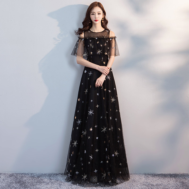 オケージョン ドレス 星刺繍チュール袖付きロング丈ワンピース