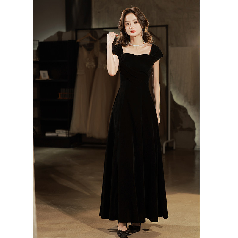 オケージョン ドレス ベルベット生地リボン袖オフショルロング丈ドレス