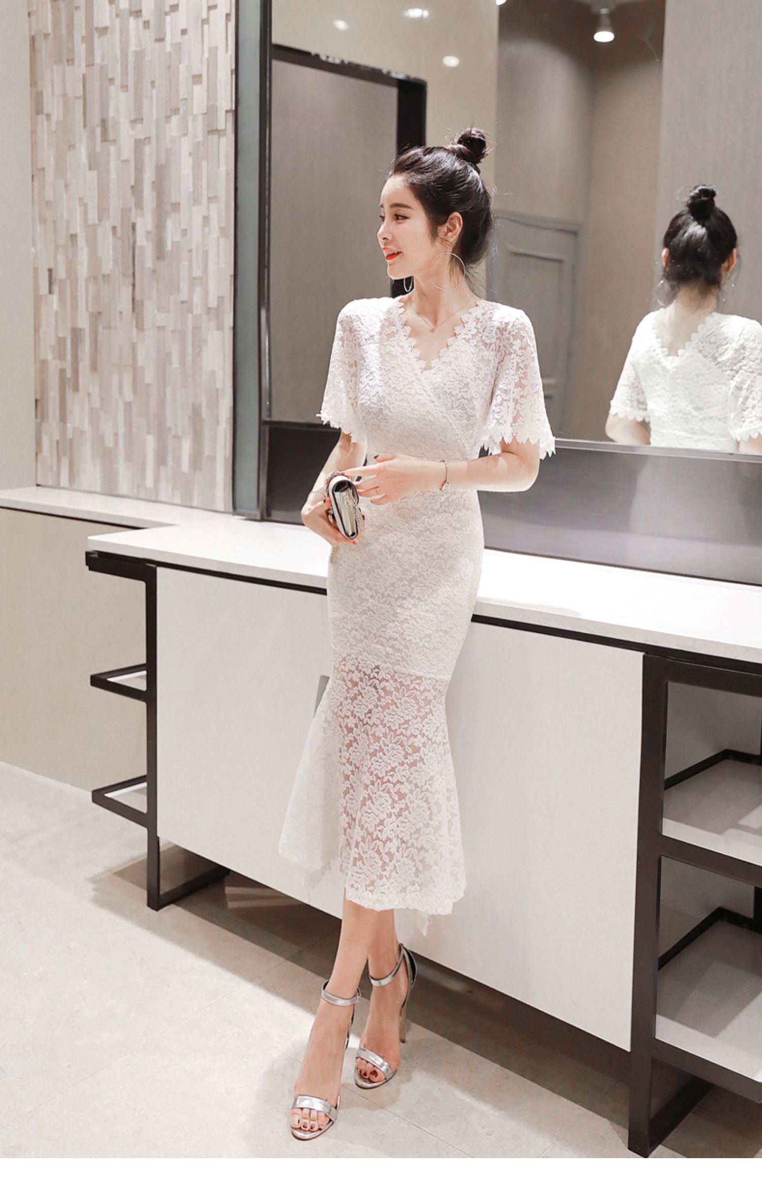 オケージョン ドレス 花柄総レース袖付きマーメイドロングドレス