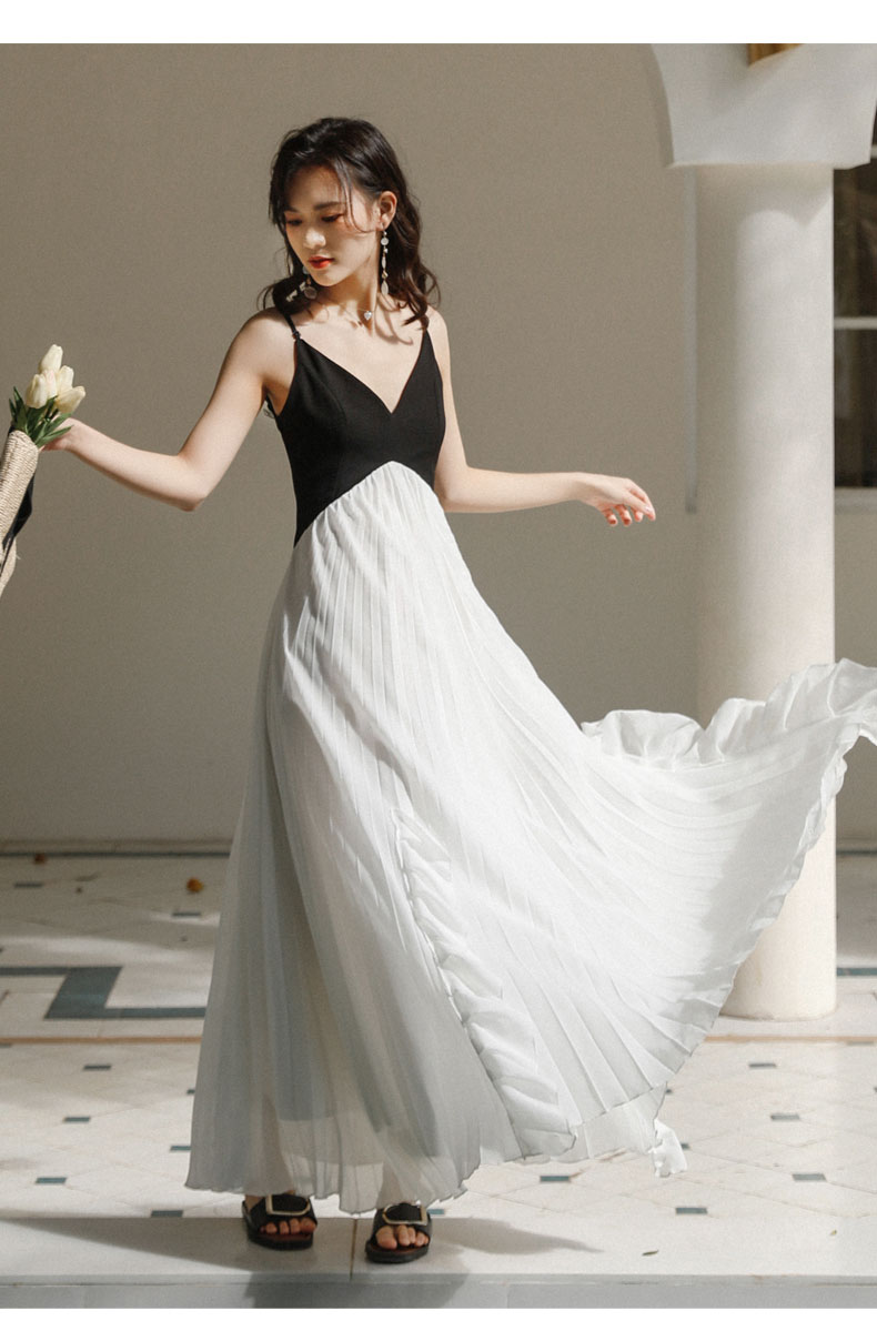 オケージョン ドレス 配色切替プリーツスカートキャミソールロングドレス