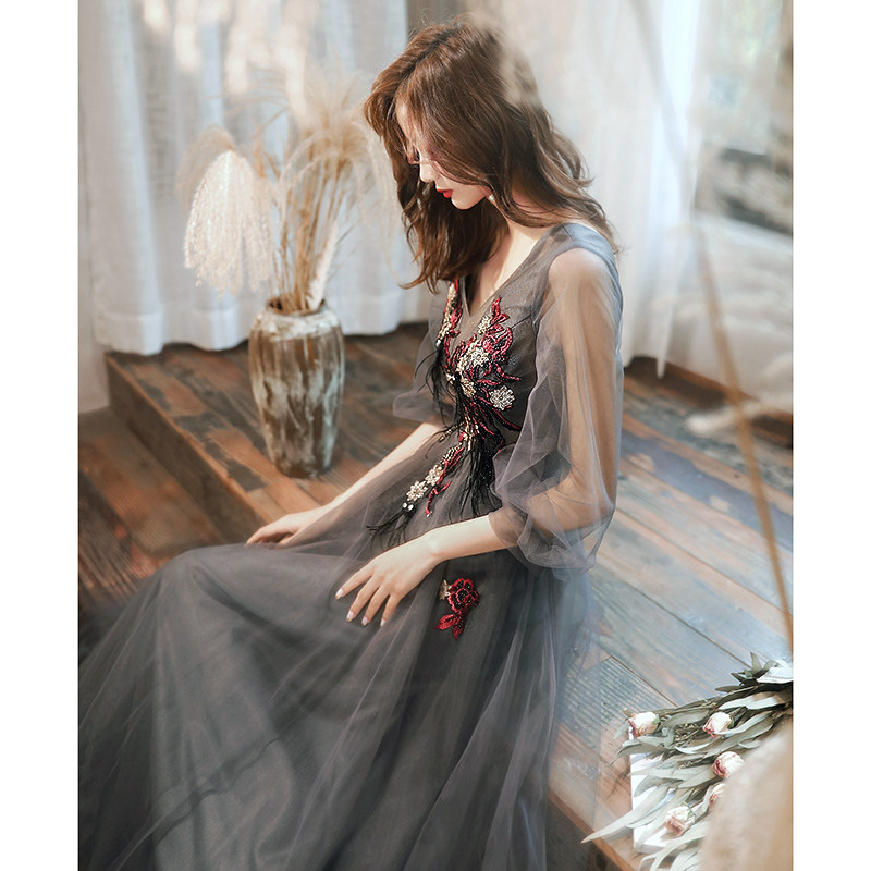 オケージョン ドレス 花刺繍シアースリーブチュールロングドレス