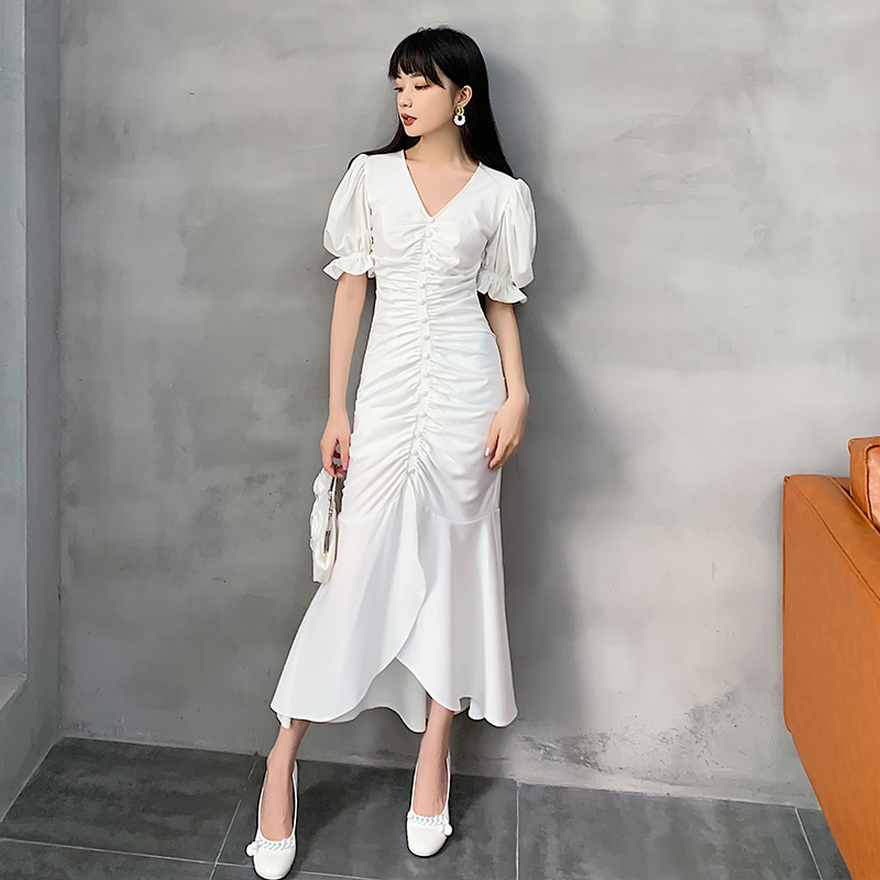 オケージョン ドレス パフスリーブギャザーマーメイドドレス