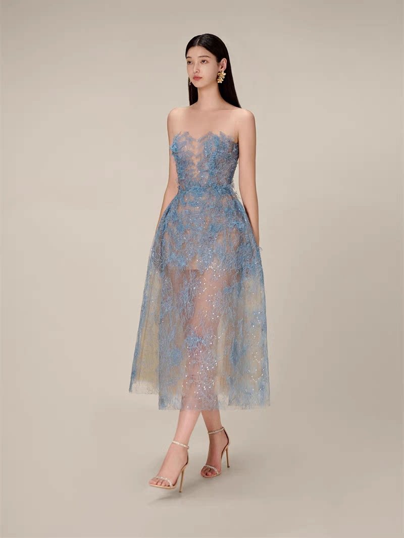 オケージョン ドレス 花柄刺繍チュールベアトップ膝丈ワンピース