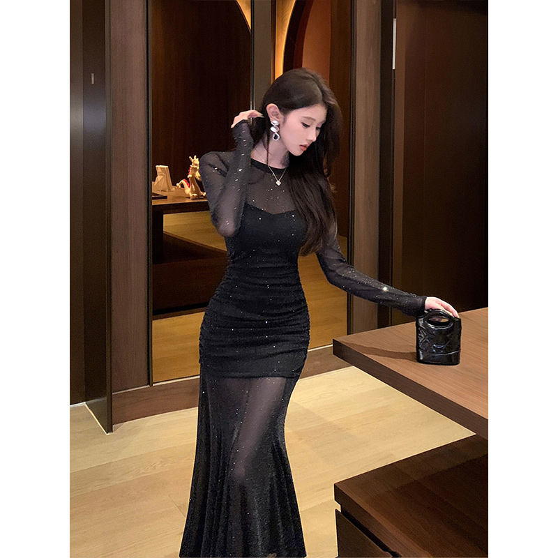オケージョン ドレス 煌めきラメシアー長袖マーメイドタイトドレス