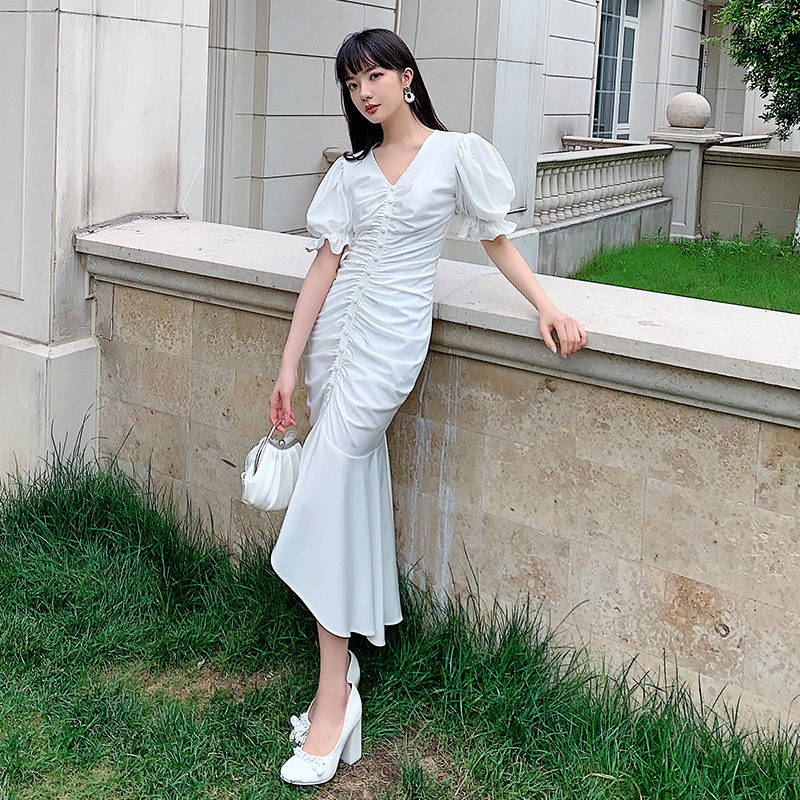 オケージョン ドレス パフスリーブギャザーマーメイドドレス