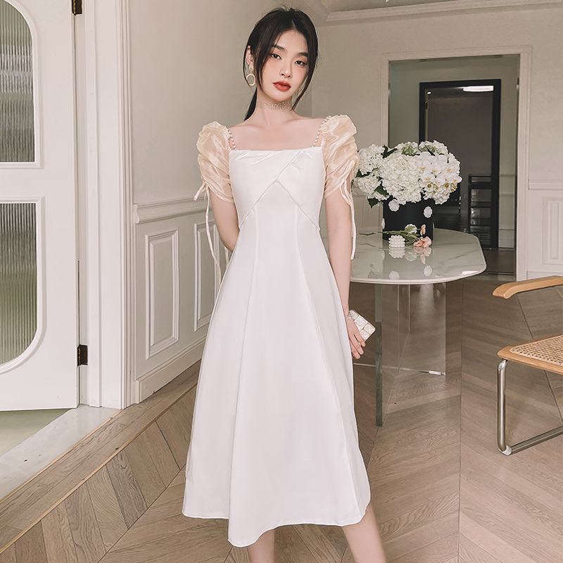 オケージョン ドレス シアーパフスリーブスクエアネックワンピース