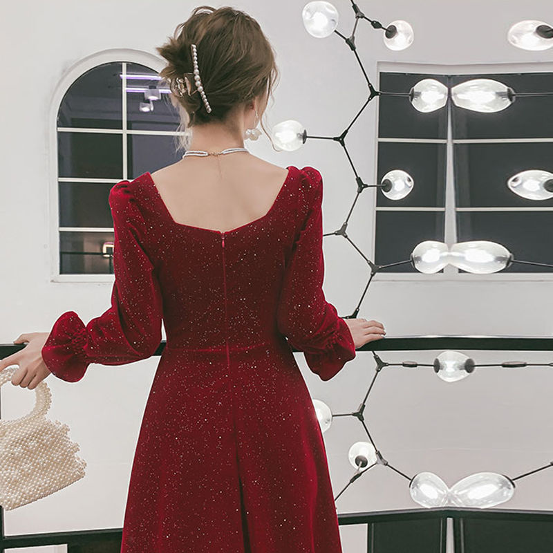 オケージョン ドレス スクエアネック袖フリルラメ入りロング丈ワンピース