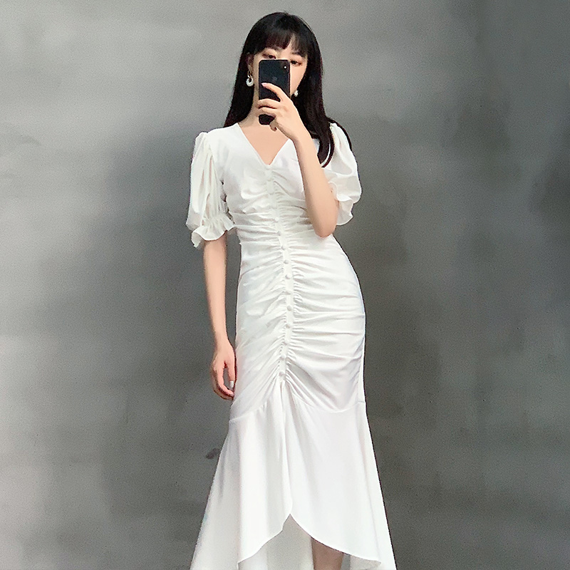 オケージョン ドレス パフスリーブギャザーマーメイドドレス