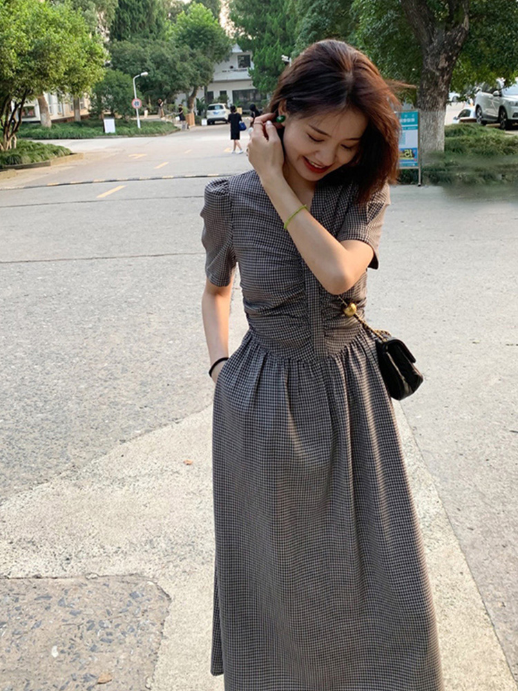 オケージョン ドレス 千鳥格子パフスリーブウエストシャーリングワンピース