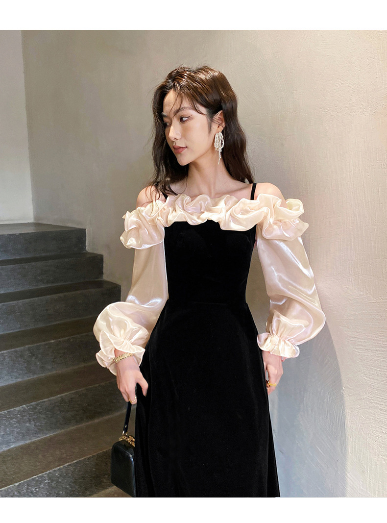 オケージョン ドレス ベロア素材フリル袖オフショルダーロング丈ワンピース