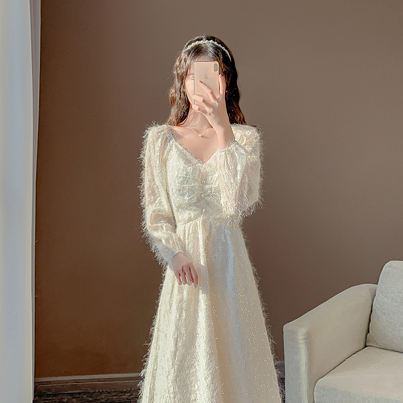 オケージョン ドレス ファー付き長袖ラメ刺繍ロング丈ワンピース