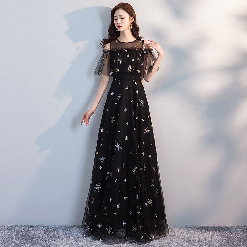 オケージョン ドレス 星刺繍チュール袖付きロング丈ワンピース
