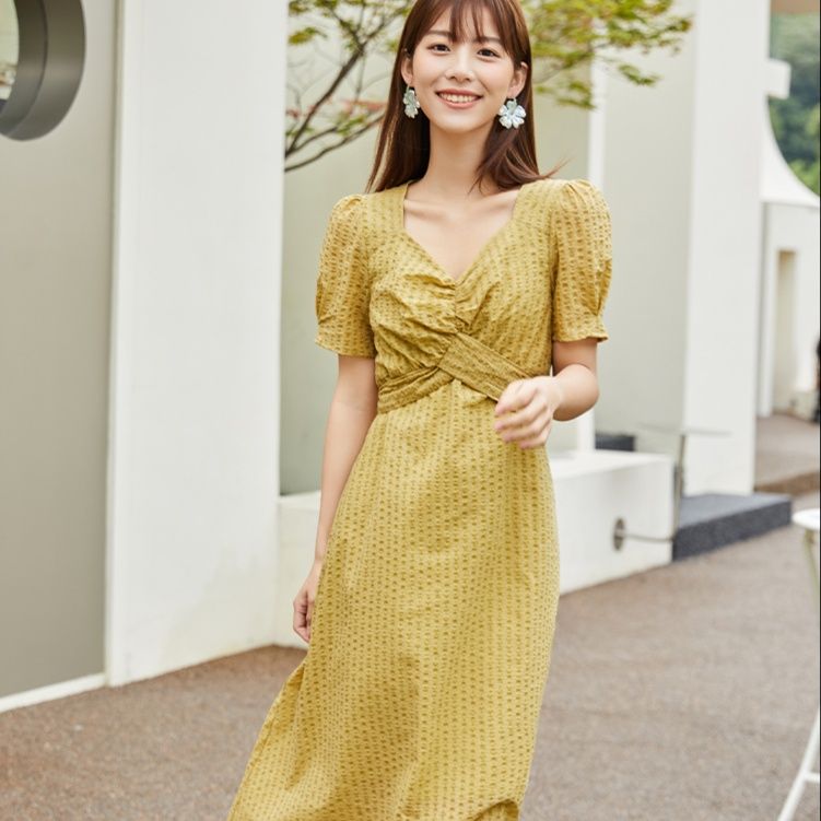 オケージョン ドレス 優美パフスリーブ ドレープワンピース