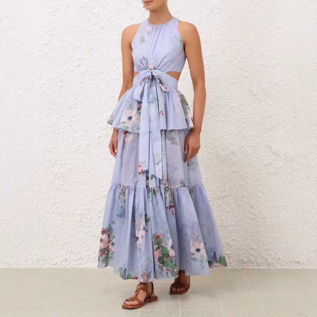 オケージョンワンピース 花柄ティアードカットアウトリゾートドレス