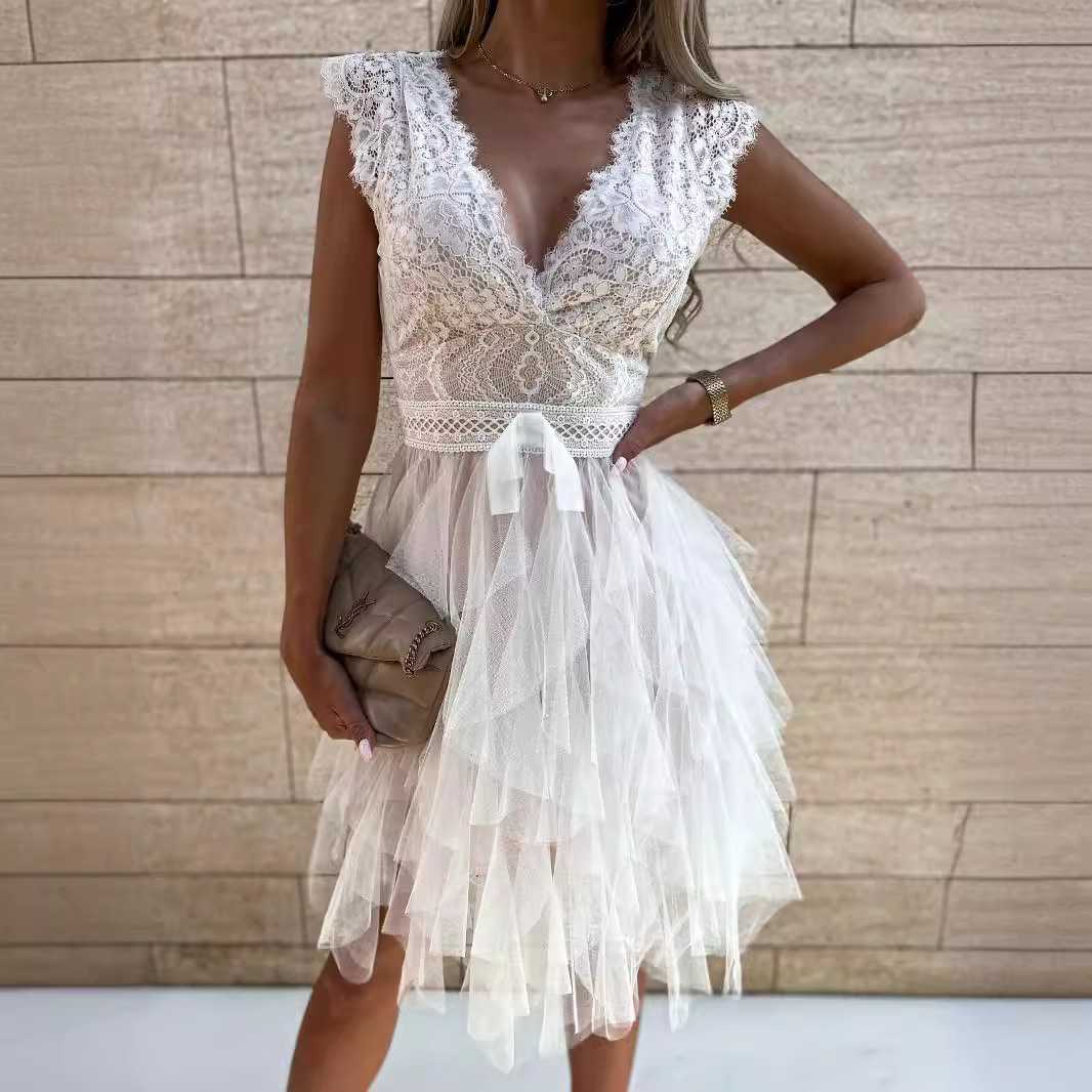 オケージョンワンピース 優雅なチュールレース ティアードワンピース