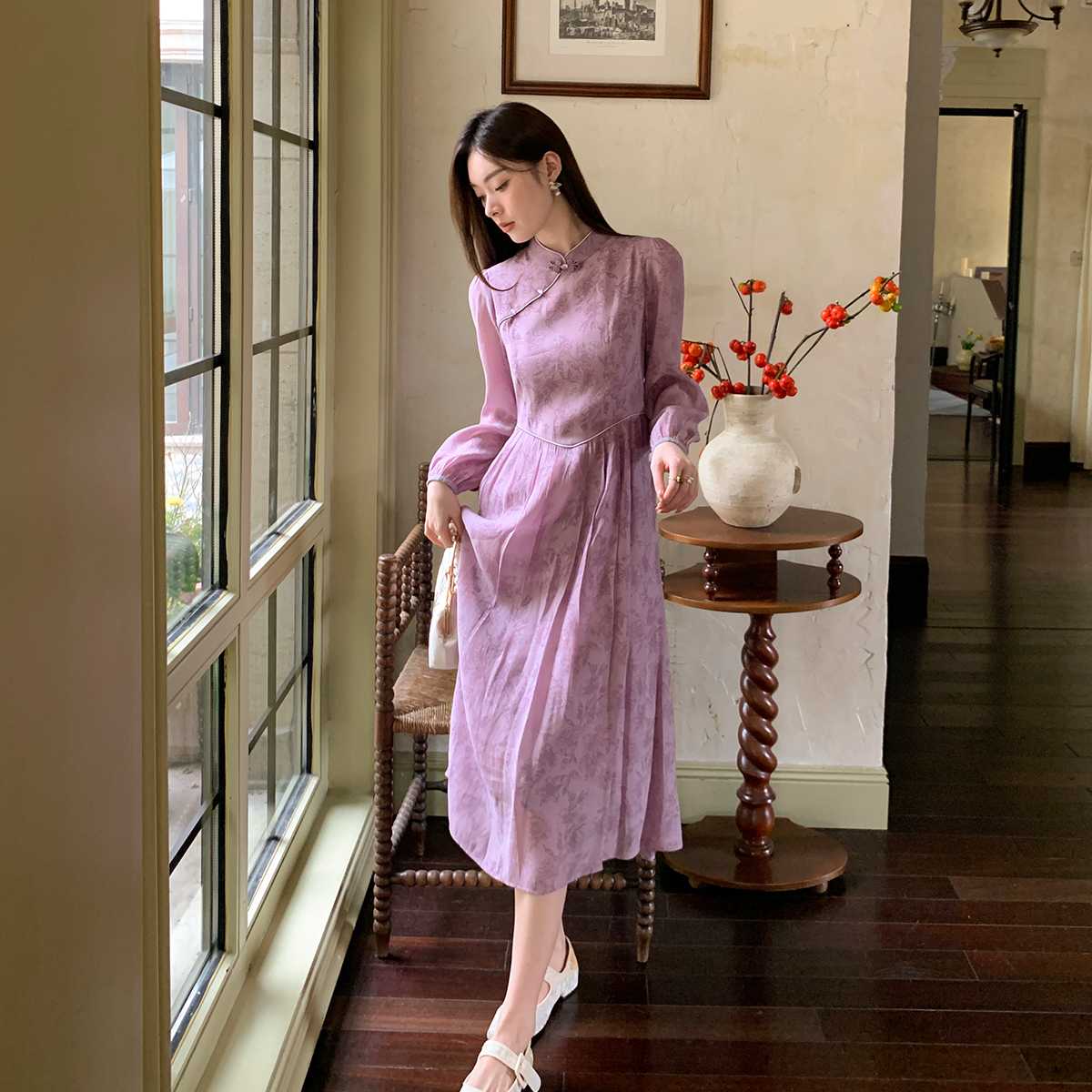 オケージョンワンピース チャイナカラー エレガントワンピース