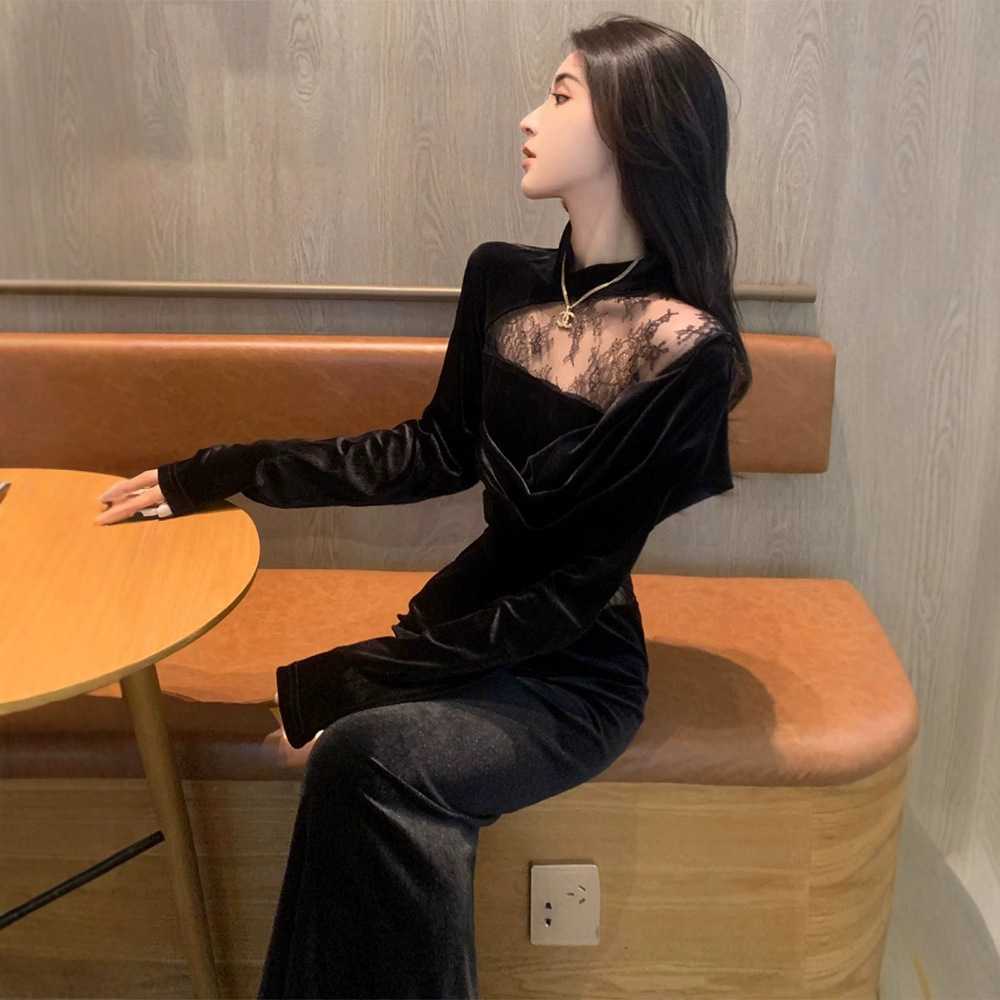 オケージョンワンピース レース切替ベロアドレープワンピース