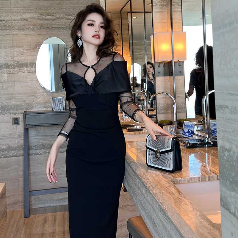 メッシュスリーブ リボン ドレープ オケージョンワンピース