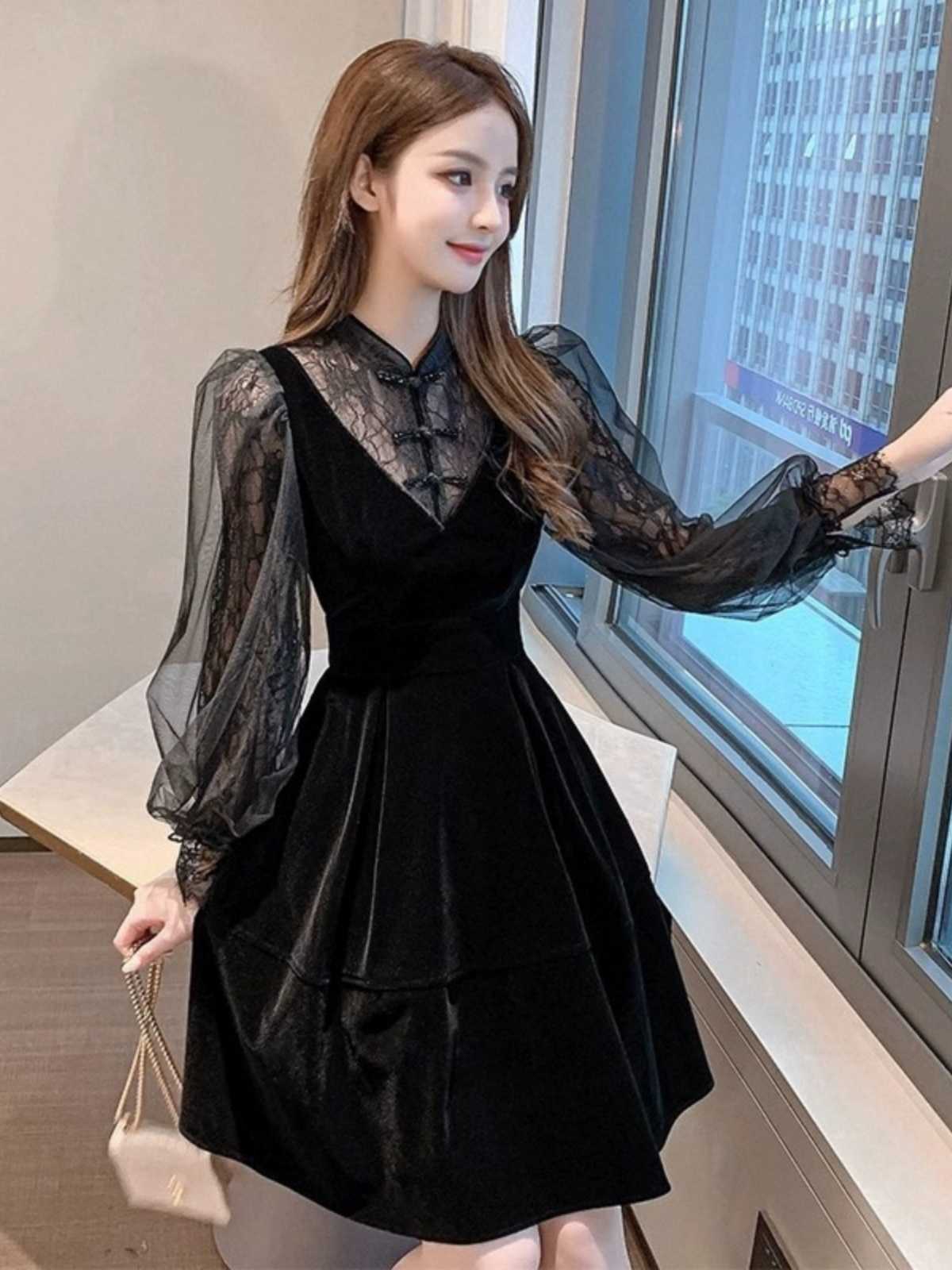 オケージョンワンピース レース袖チャイナ襟ベルベットドレス