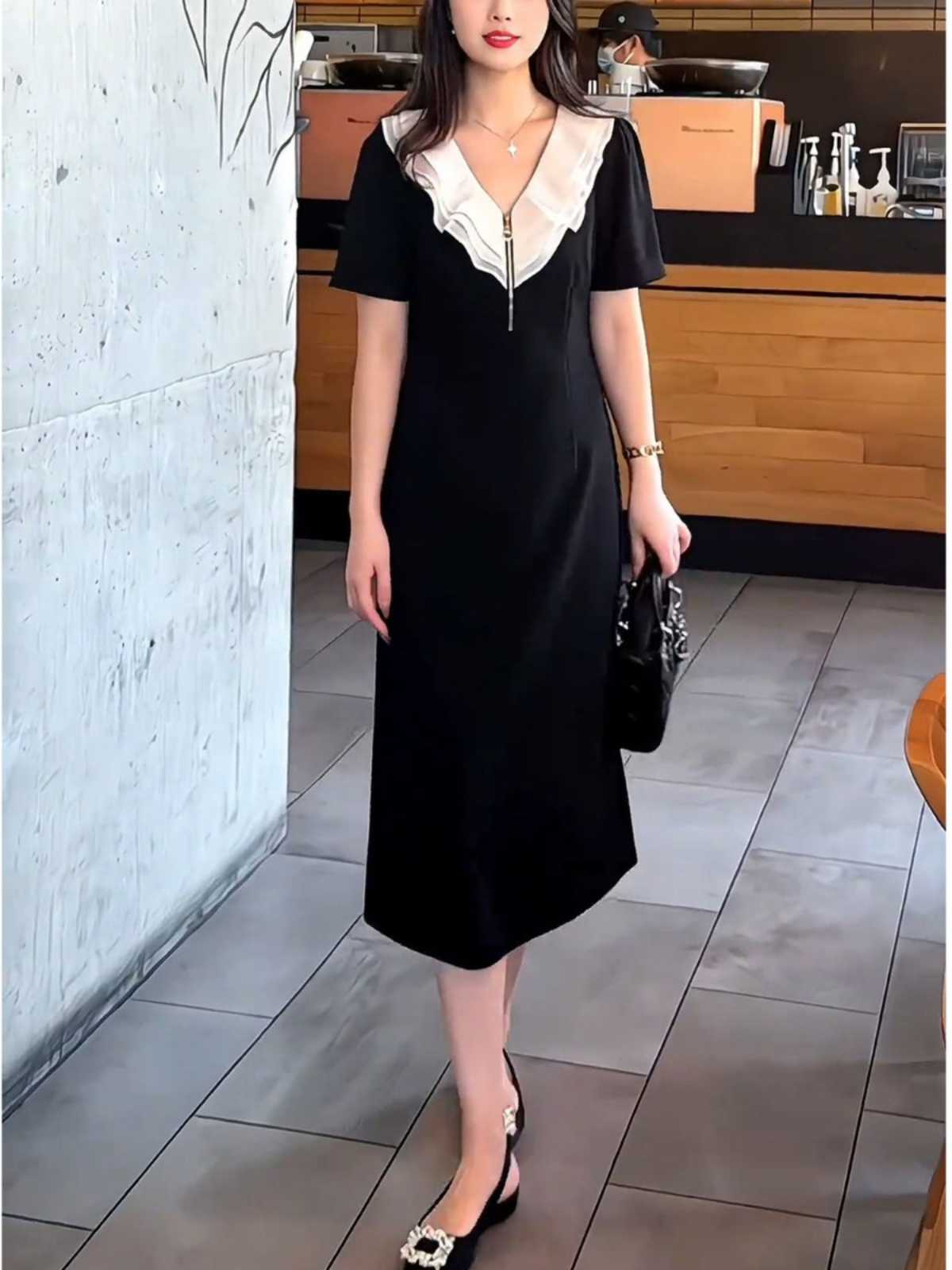 オケージョン ドレス オケージョン ドレス 襟フリル付きジッパー前開きワンピース