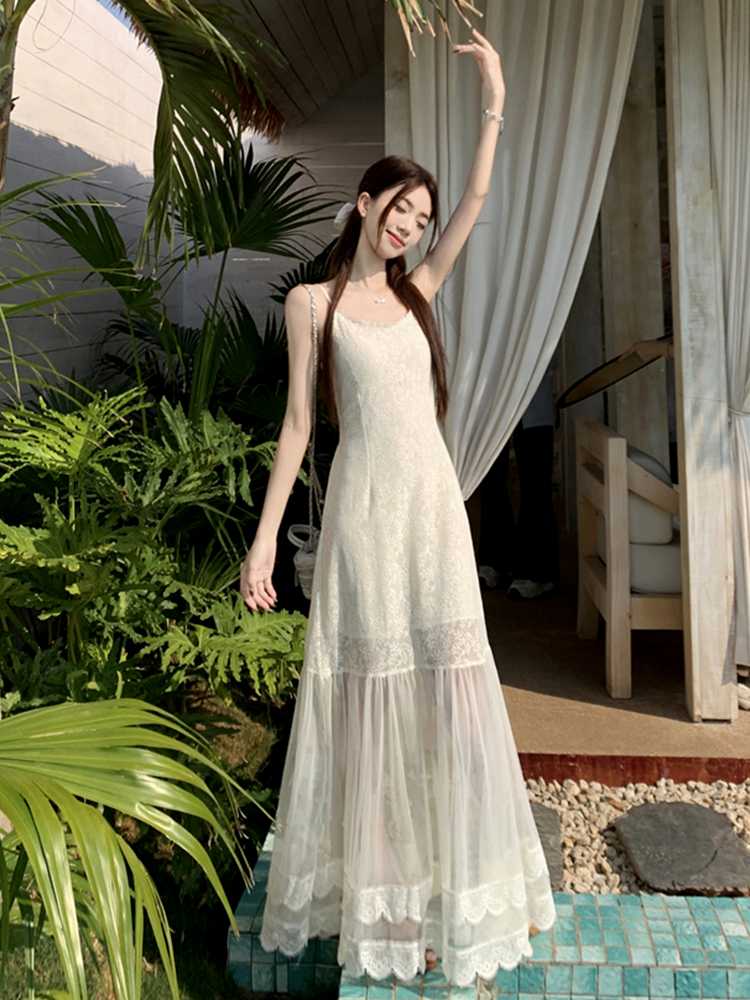 オケージョン　ドレス レース重ね透け感ロング キャミソール