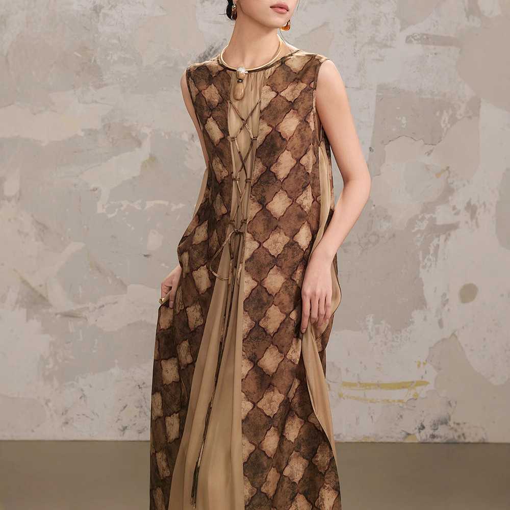 オケージョン　ドレス 格子模様シアーレイヤードロングドレス