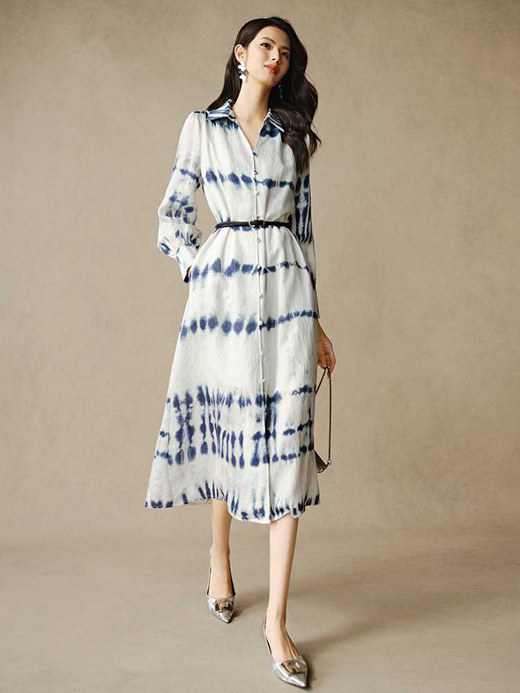 オケージョン ドレス 絞り染めシャツカラーロングワンピース