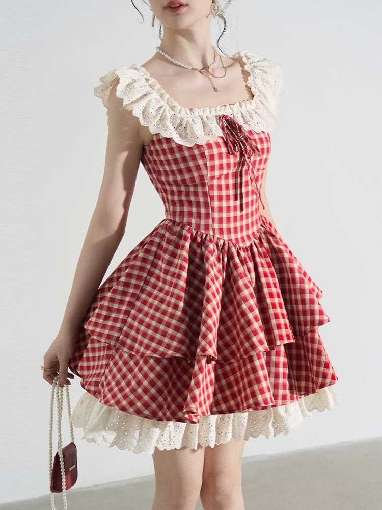オケージョン ドレス 格子柄フリルレース装飾ワンピース