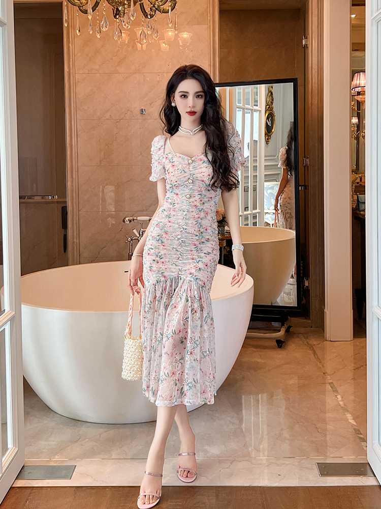 オケージョン ドレス 花柄シャーリングマーメイドドレス