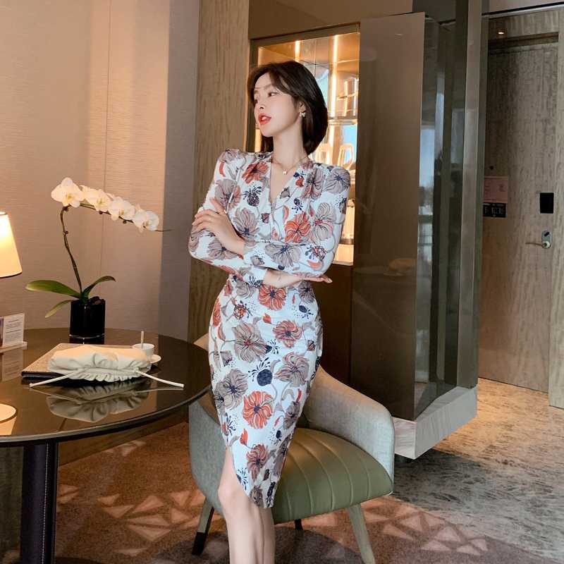 オケージョン ドレス 花柄スリムラインタイトワンピース