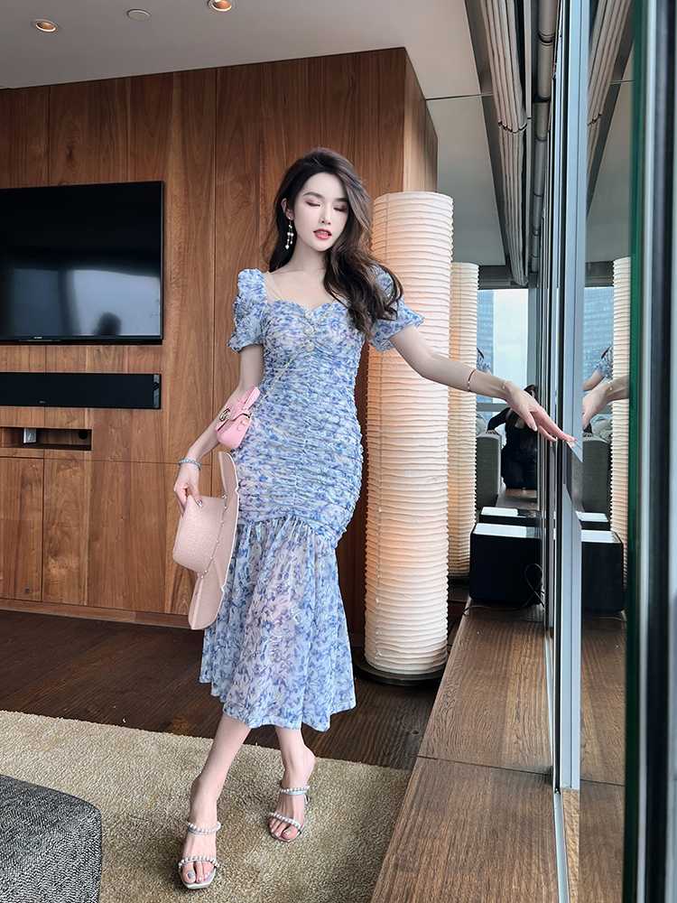 オケージョン ドレス 花柄シャーリングマーメイドドレス