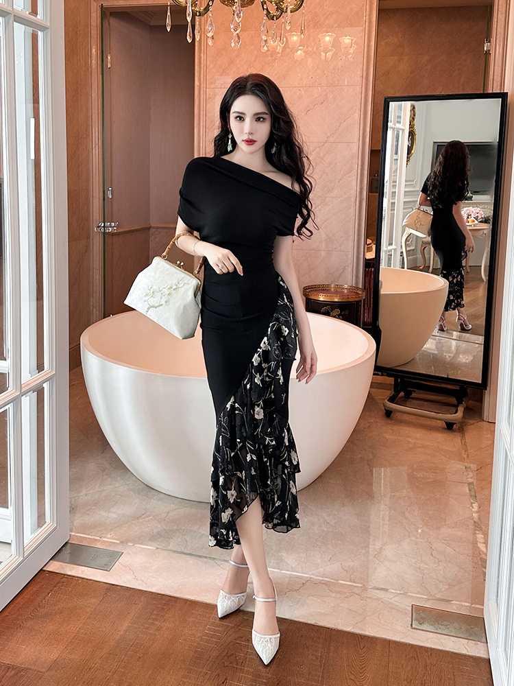 オケージョン ドレス 洗練花柄切替オフショルワンピース