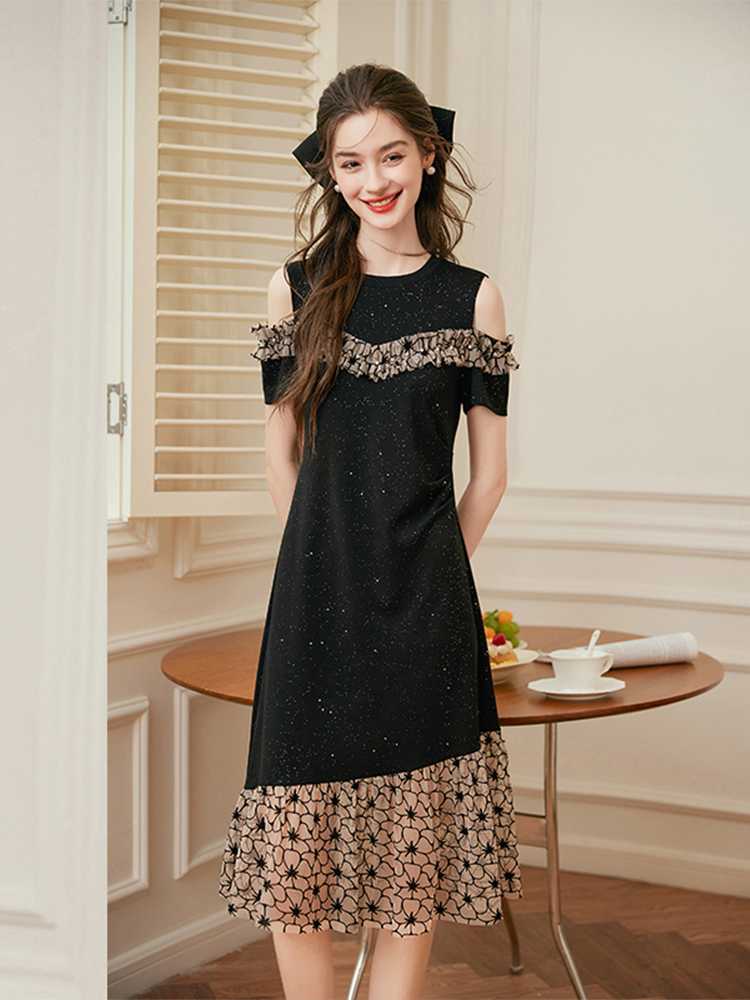 オケージョン ドレス 肩魅せフラワーレース切替ワンピース