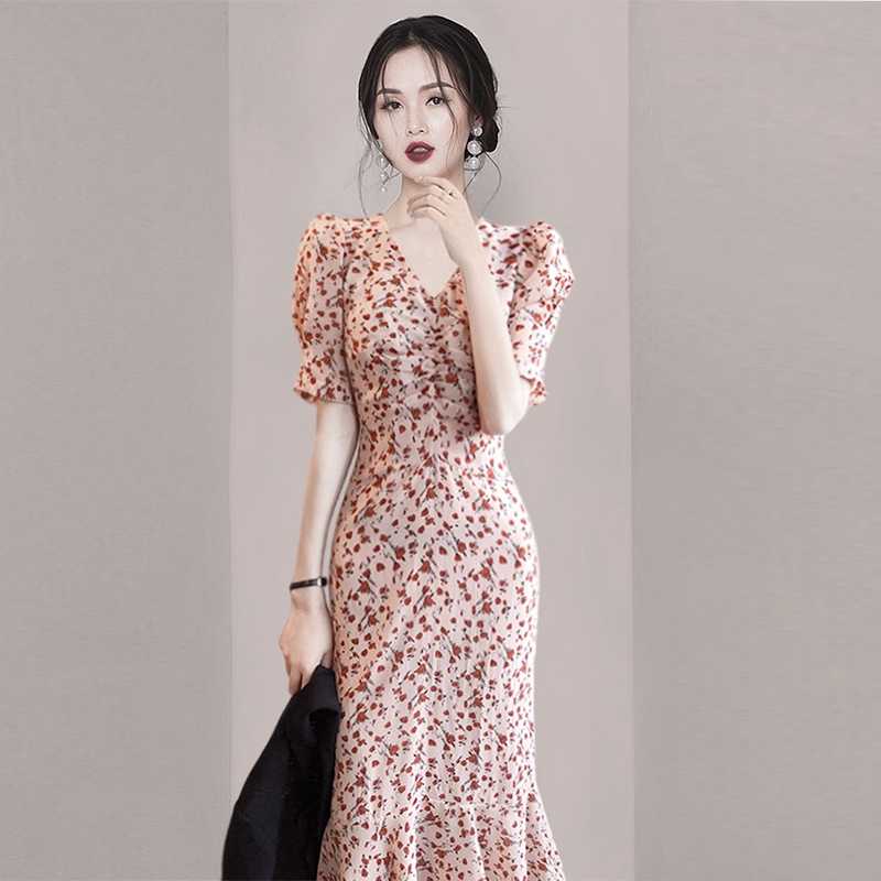 オケージョン ドレス 花柄パフスリーブマーメイドワンピース