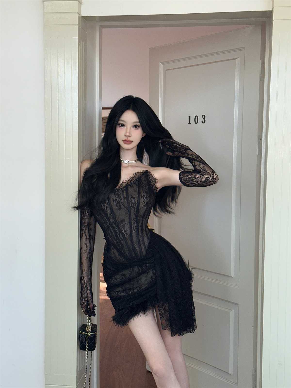 オケージョン ドレス レース装飾 シアーコルセット ワンピース