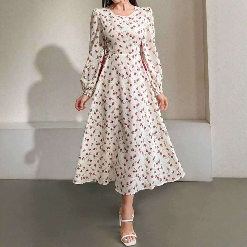 オケージョン ドレス 花柄パフスリーブロングワンピース