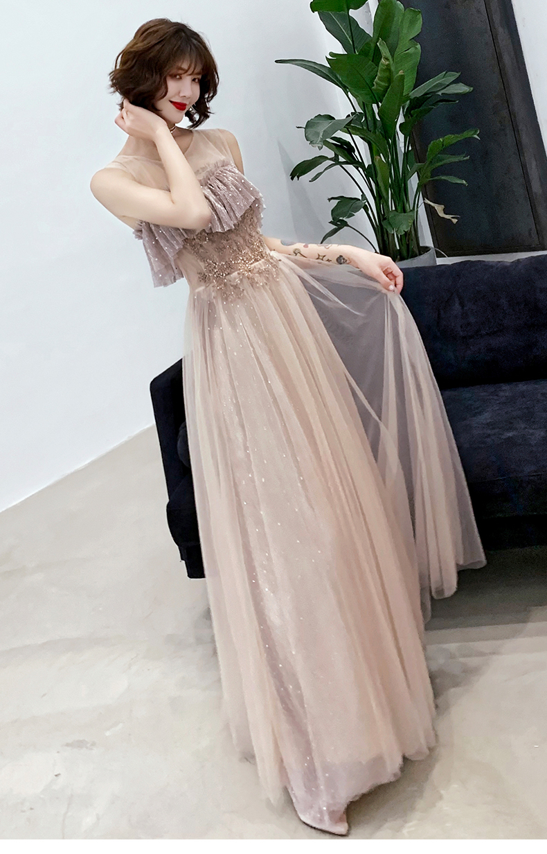 オケージョン ドレス 星屑きらめく胸元フリルチュールロングドレス