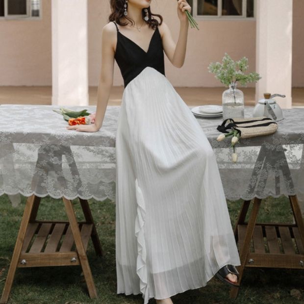 オケージョン ドレス 配色切替プリーツスカートキャミソールロングドレス