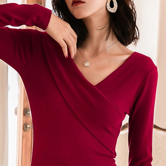 オケージョン ドレス エレガント長袖ラップデザイン裾フレア丈ドレス