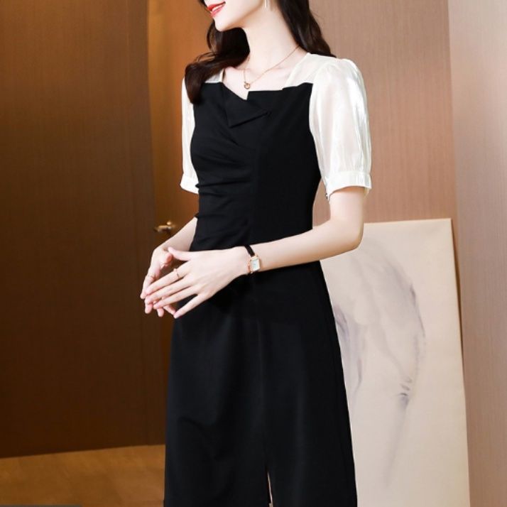 オケージョン ドレス 配色パフスリーブ切替襟付き上品膝丈ワンピース