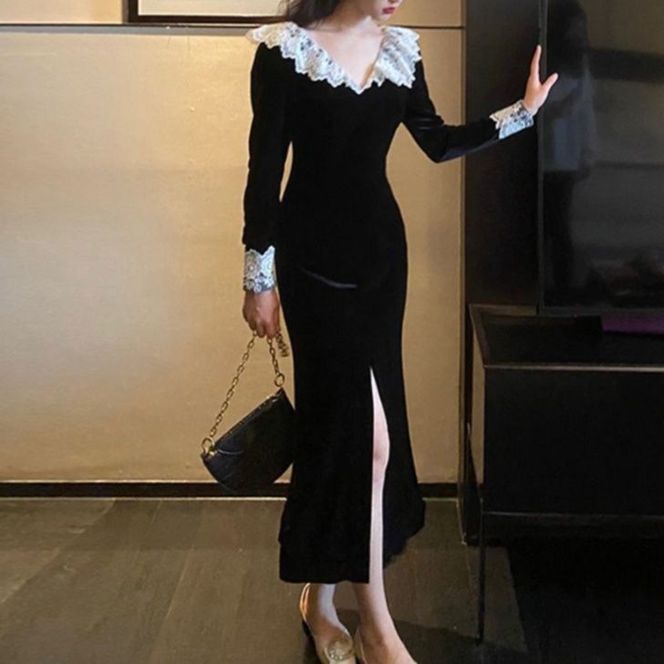 オケージョン ドレス 総レース襟付きベロア長袖タイトドレス