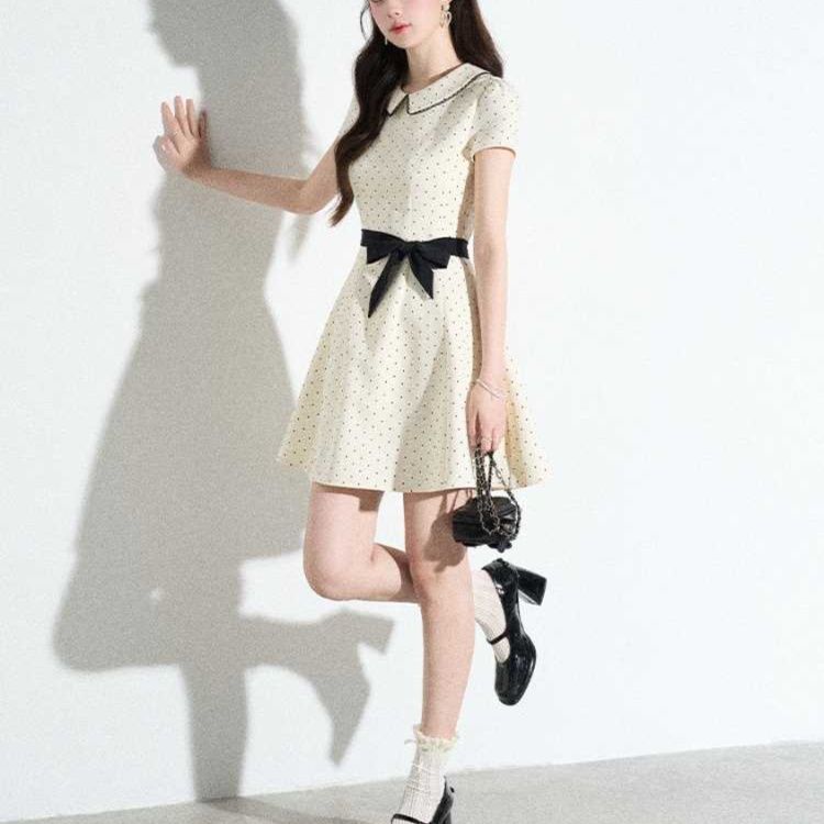 オケージョン ドレス 丸襟リボン付き水玉ワンピース