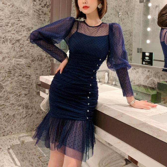 オケージョン ドレス ドット柄チュール袖マーメイドラインドレス