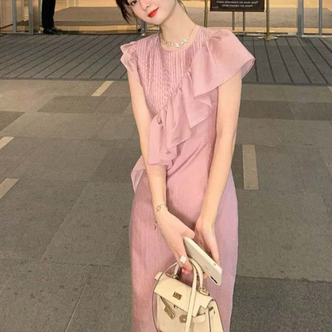 オケージョン ドレス ピンタック切替フリル袖フレアオケージョンワンピース