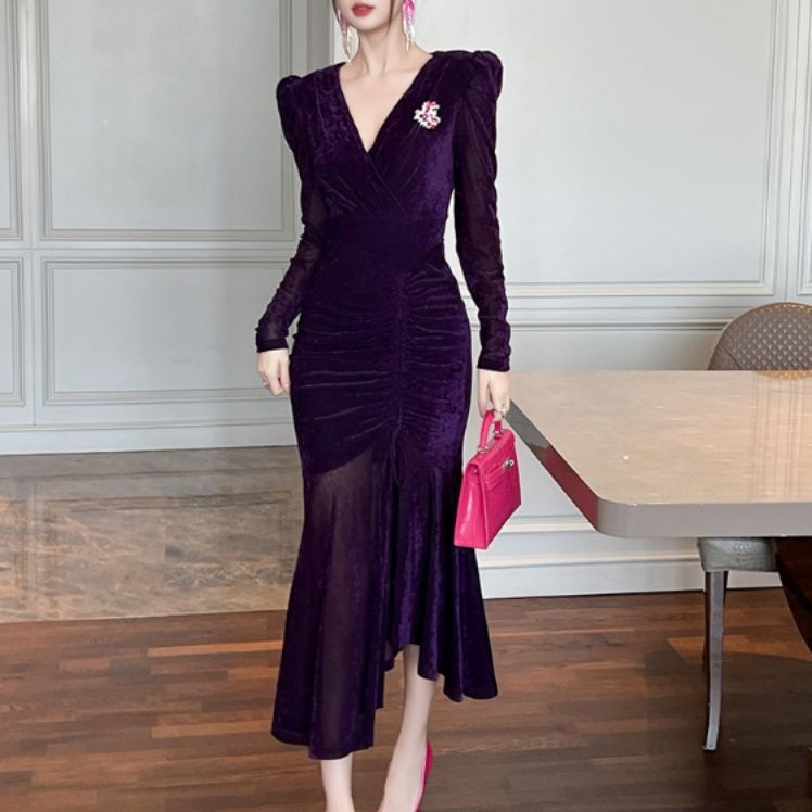 オケージョン　ドレス 贅沢ベルベットマーメイドドレス