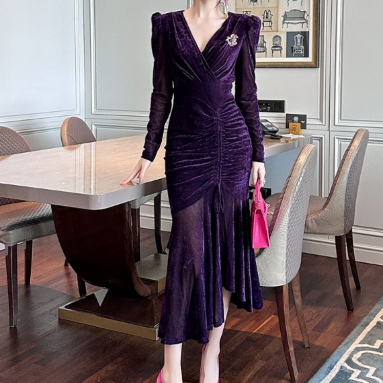 オケージョン　ドレス 贅沢ベルベットマーメイドドレス
