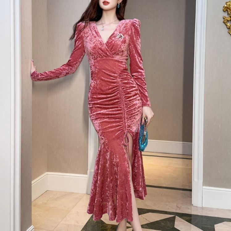 オケージョン　ドレス 贅沢ベルベットマーメイドドレス