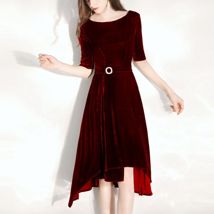 オケージョン ドレス 裾非対称ベロア五分袖オケージョンワンピース